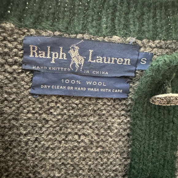 Ralph Lauren Vintage Wool Cardigan with Green trim, blue label, Small, hand knit - Picture 2 of 13
